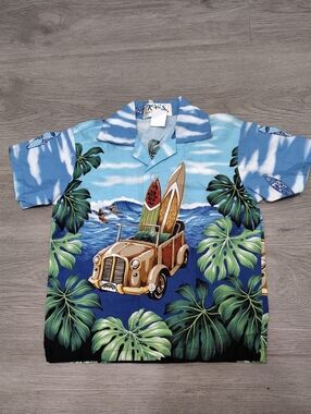 Vtg KY'S Boys Hawaiian Aloha Shirt Woody Car Surfboard Beach Made In Hawaii Sz 4